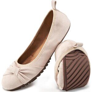 Women's Cream Round Toe Elegant Bow knot Foldable Ballet Flats Loafers Shoes